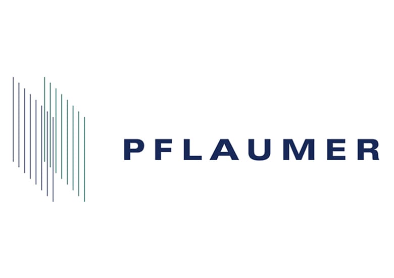 Pflaumer logo featuring a dark blue wordmark and an abstract graphic of blue and green vertical lines. -- Epoxy Co-Hardener and Accelerator