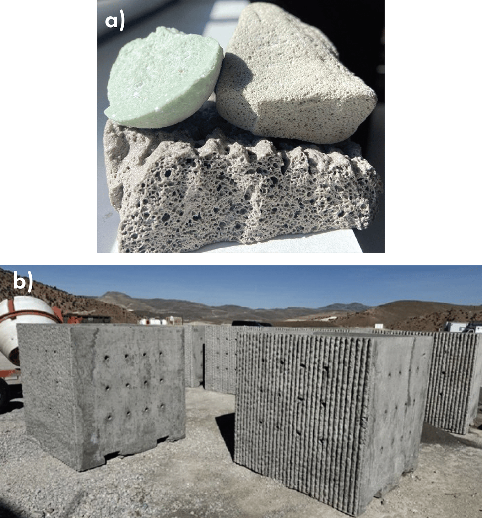 a) Images of varying foam glass compositions, b) SilicaX coupons being produced for immersion