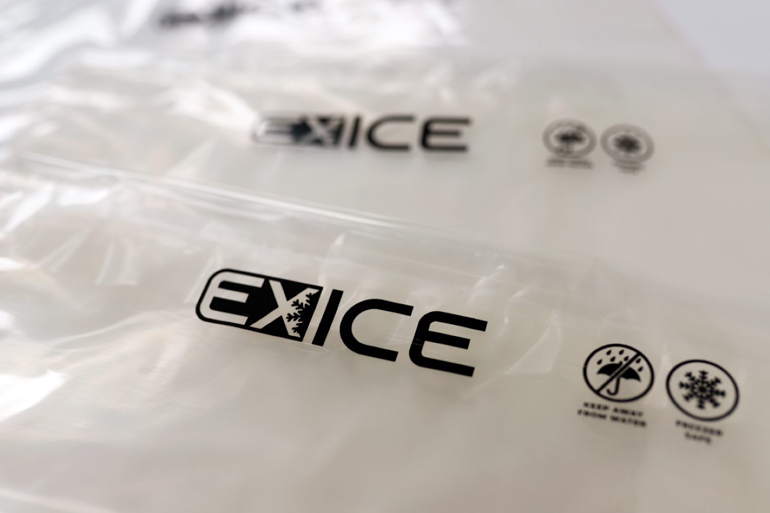 Tops of clear ExIce bags 