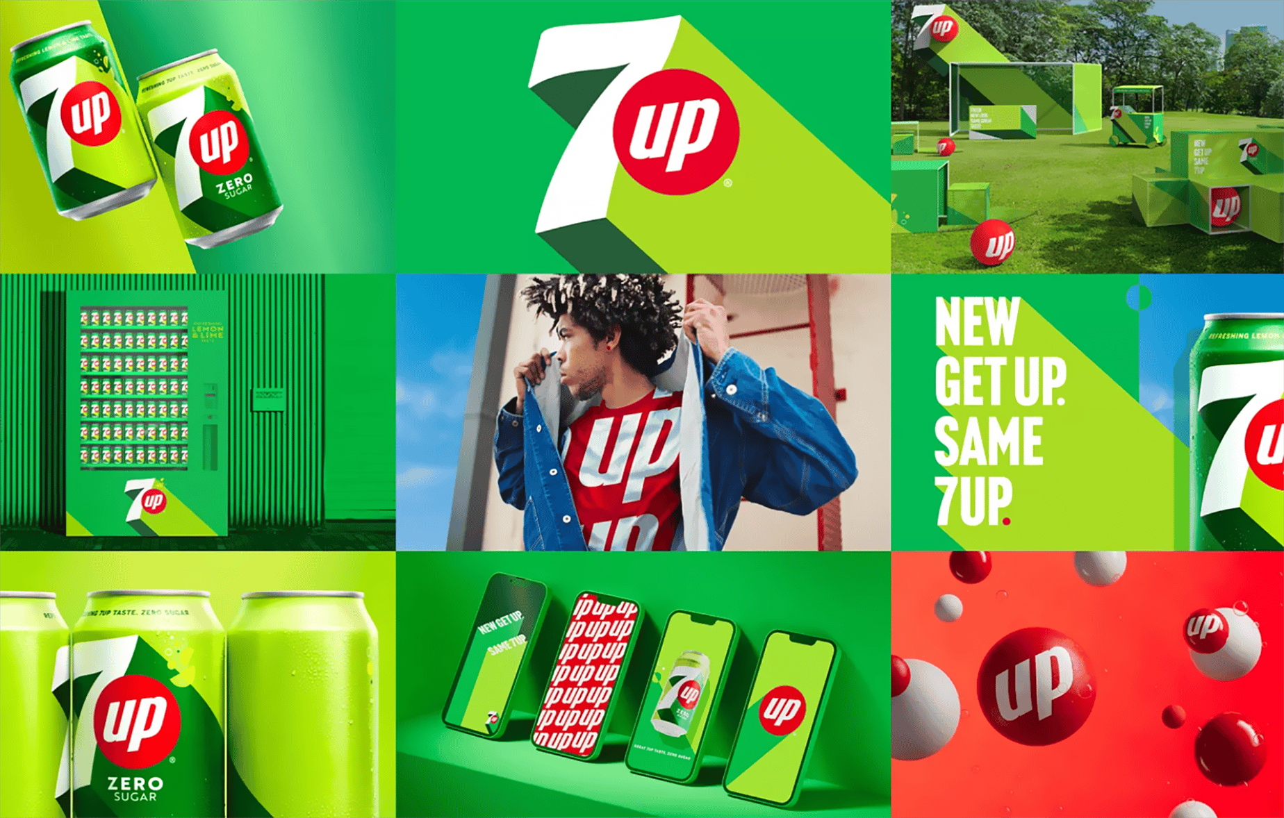 Collage of 7UP logos showcasing the brand redesign in several contexts