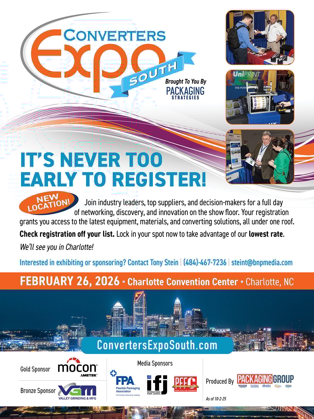 Ad for Converters Expo South, Feb 26, 2026, Charlotte, NC, with registration info and sponsors.