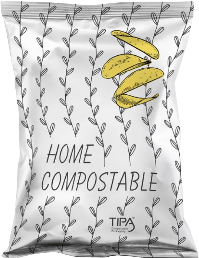 Home compostable potato chip package against white background