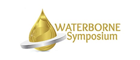 Gold droplet with silver band and text "WATERBORNE Symposium".