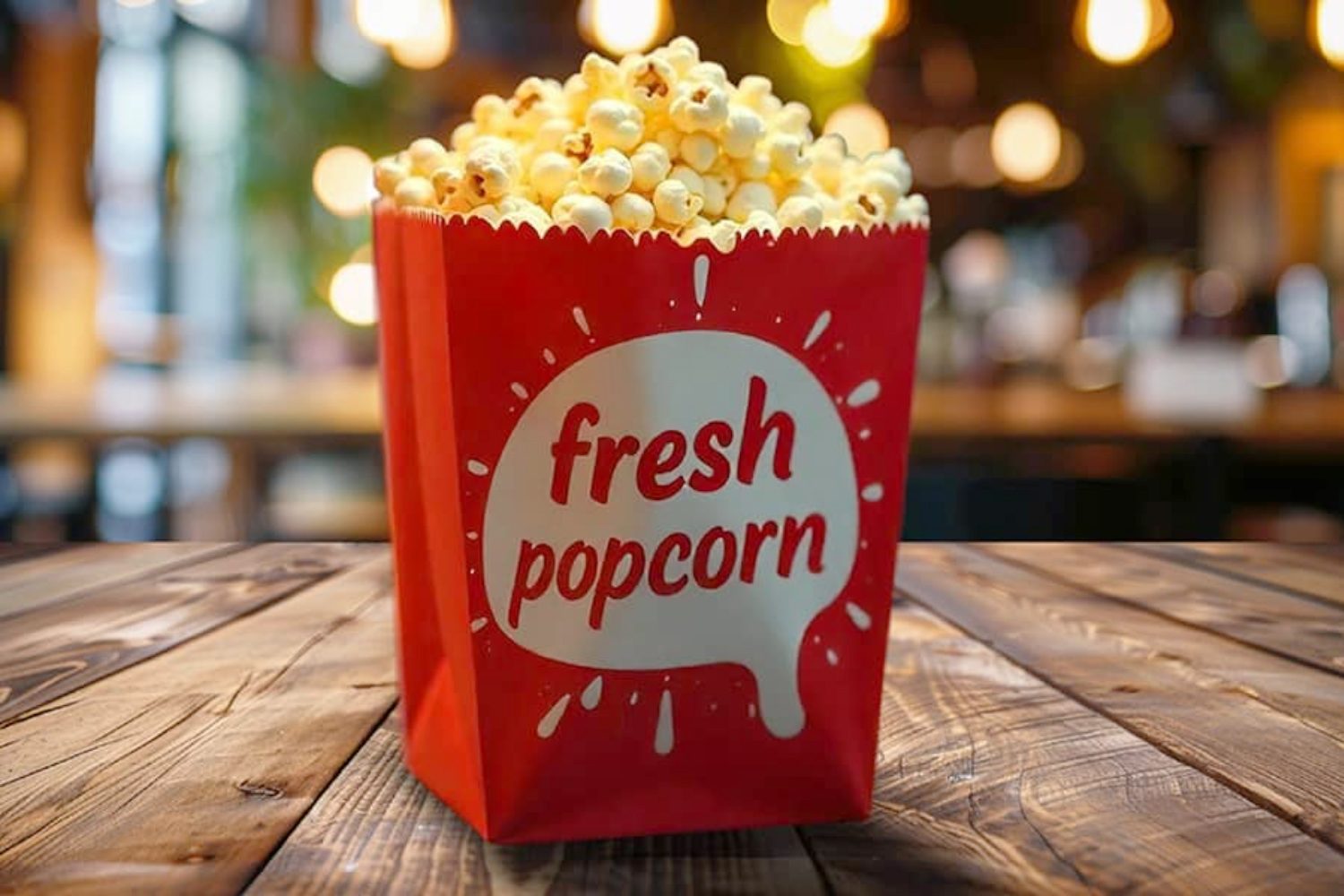 Popcorn in Lecta’s grease-resistant paper on wooden table