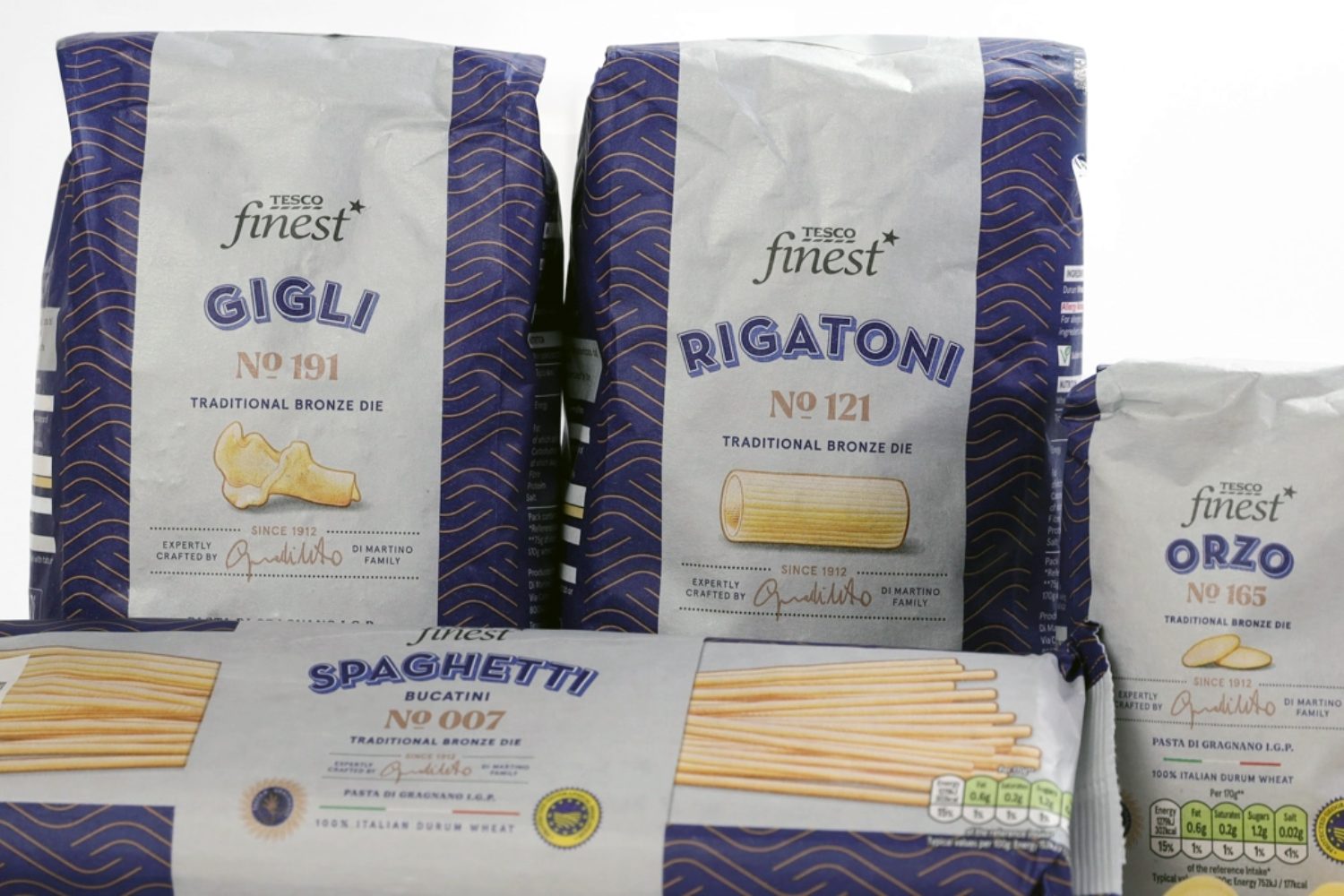Tesco Finest Pasta packages against white background