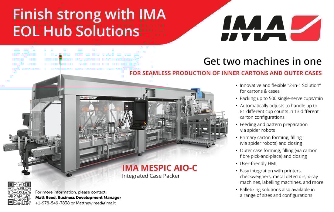 An IMA MESPIC AIO-C Integrated Case Packer, a 2-in-1 solution for seamless carton and case production.