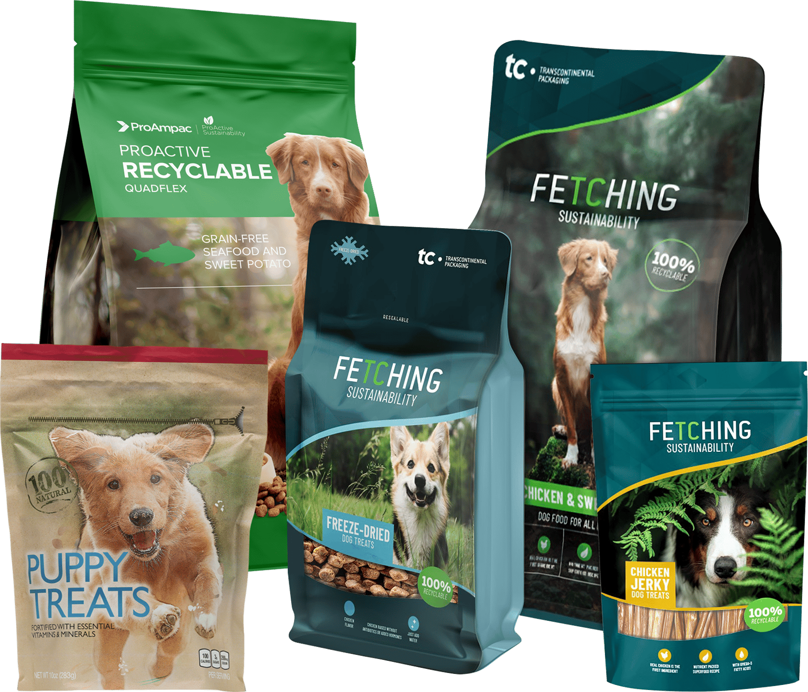 Grouping of sustainable pet food packaging