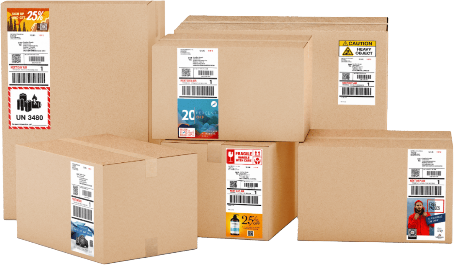 Shipping boxes with Epson-printed labels against white background