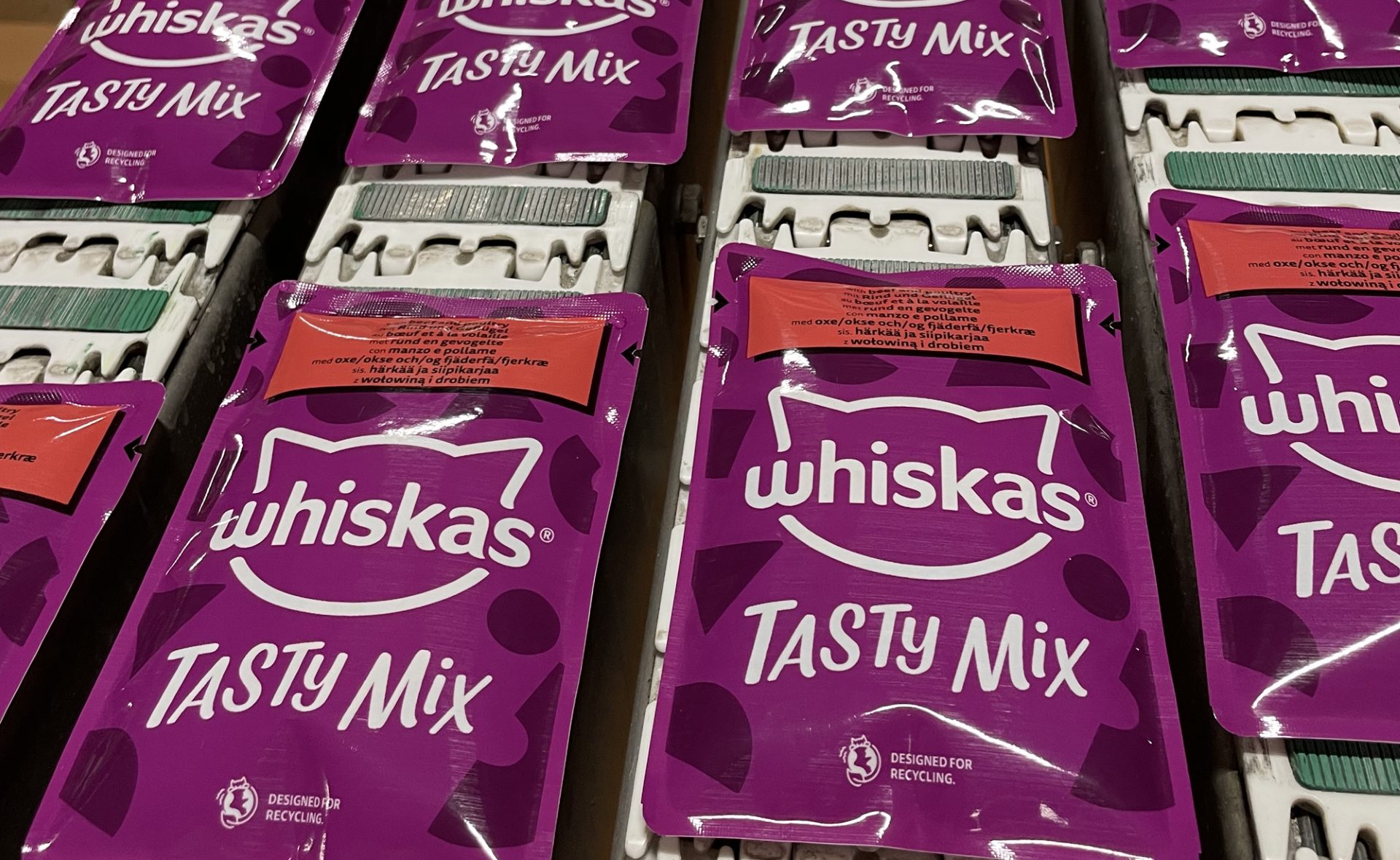 WHISKAS pouches being sealed in pouching machine