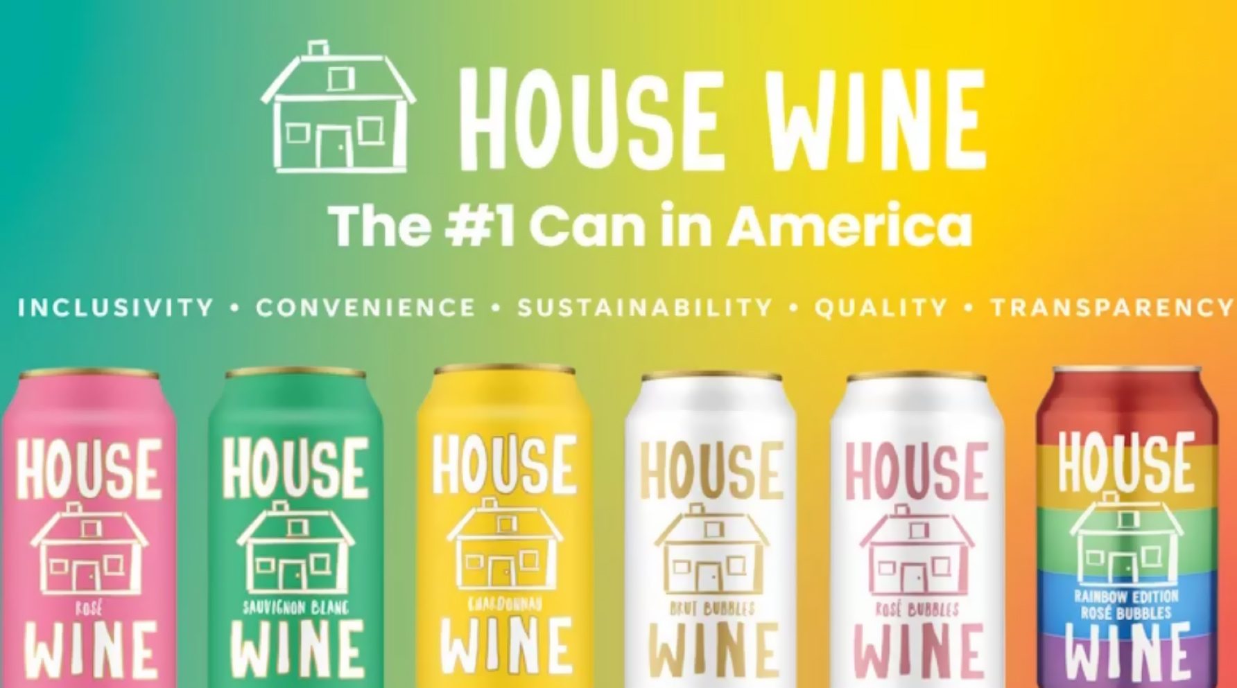 Assortment of House Wine cans against colorful background with caption: House Wine: The #1 Can in America
