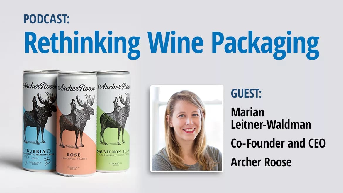 Image of several cans of Archer Roose wine alongside a headshot of Marian Leitner-Waldman, Co-Founder and CEO of Archer Roose.