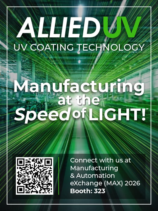 Allied UV ad: "Manufacturing at the Speed of LIGHT!" with QR code and event details for MAX 2026.
