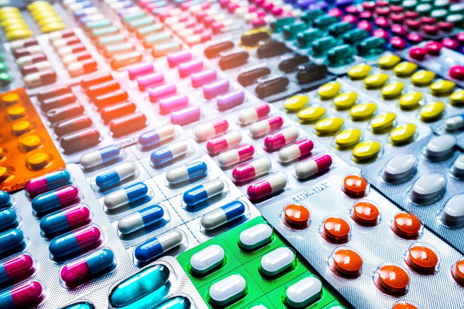Colorful pills in blister packages
