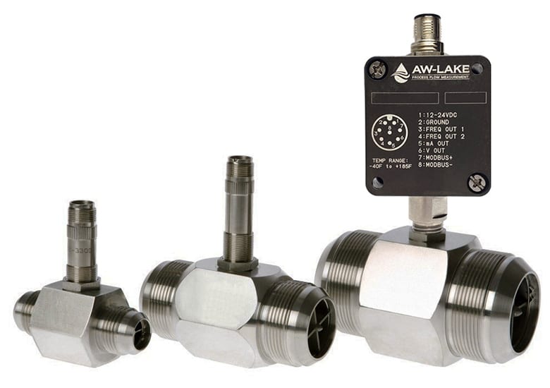 Three AW-Lake process flow meters of varying sizes, with one showing its electronic connection panel.