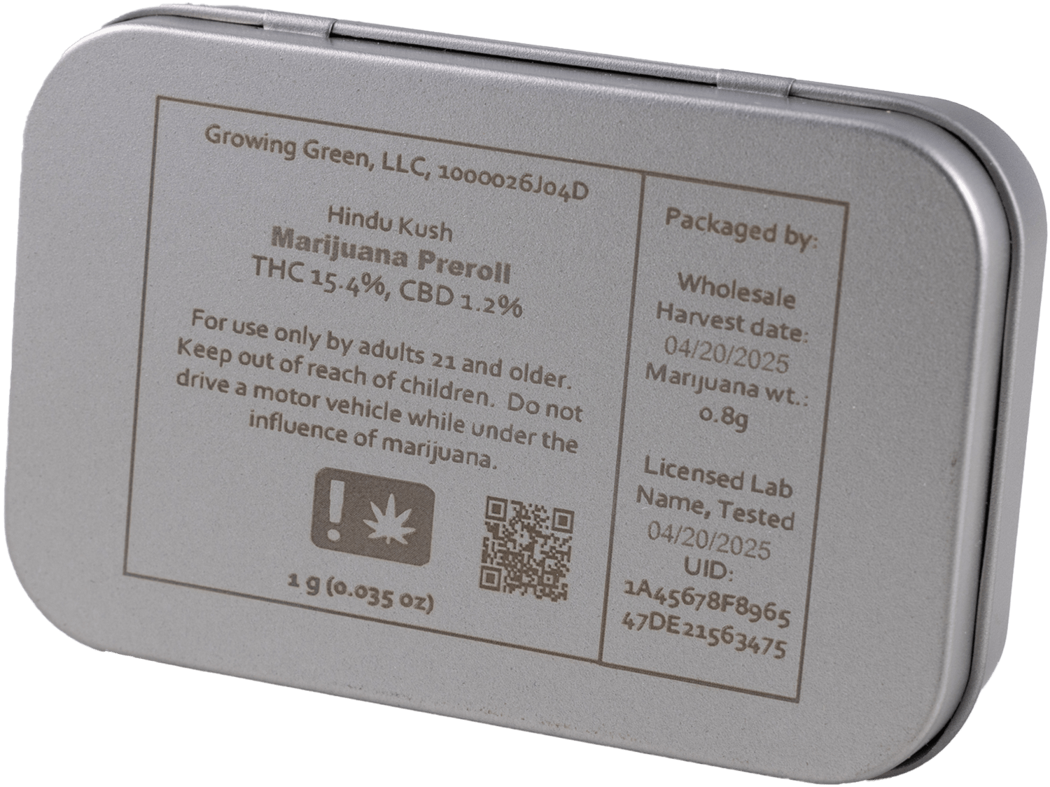 Metal packaging for cannabis featuring laser marking