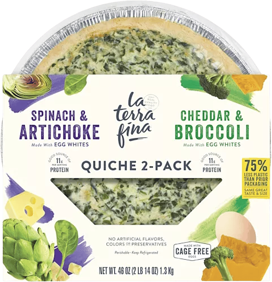 Cheddar & Broccoli and Spinach & Artichoke varieties La Terra Fina quiche in new packaging