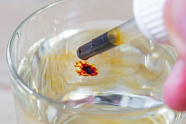Dripping medical iodine from pipette into glass of water