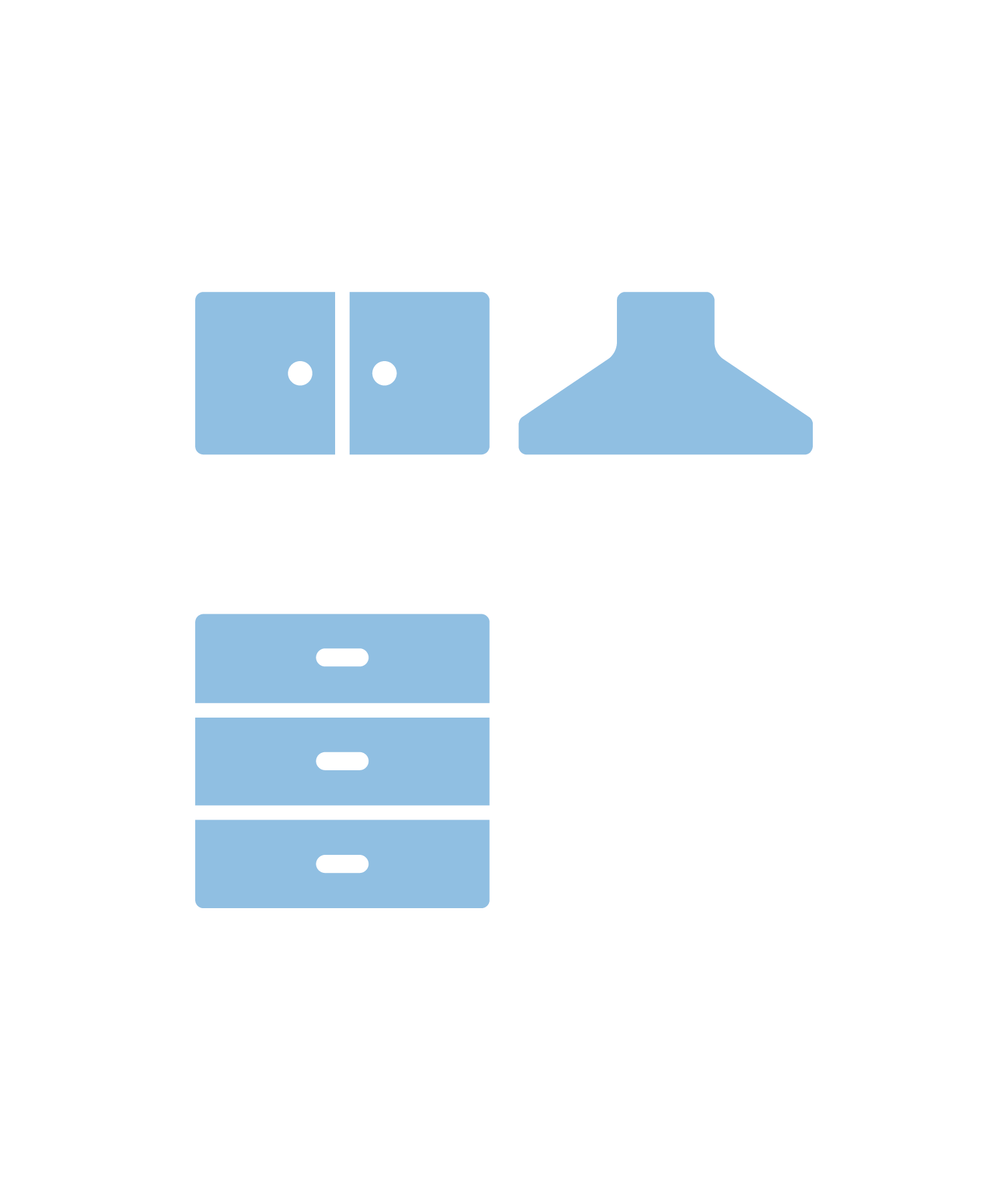 Kitchen icons: oven, range hood, drawers, and cabinets.