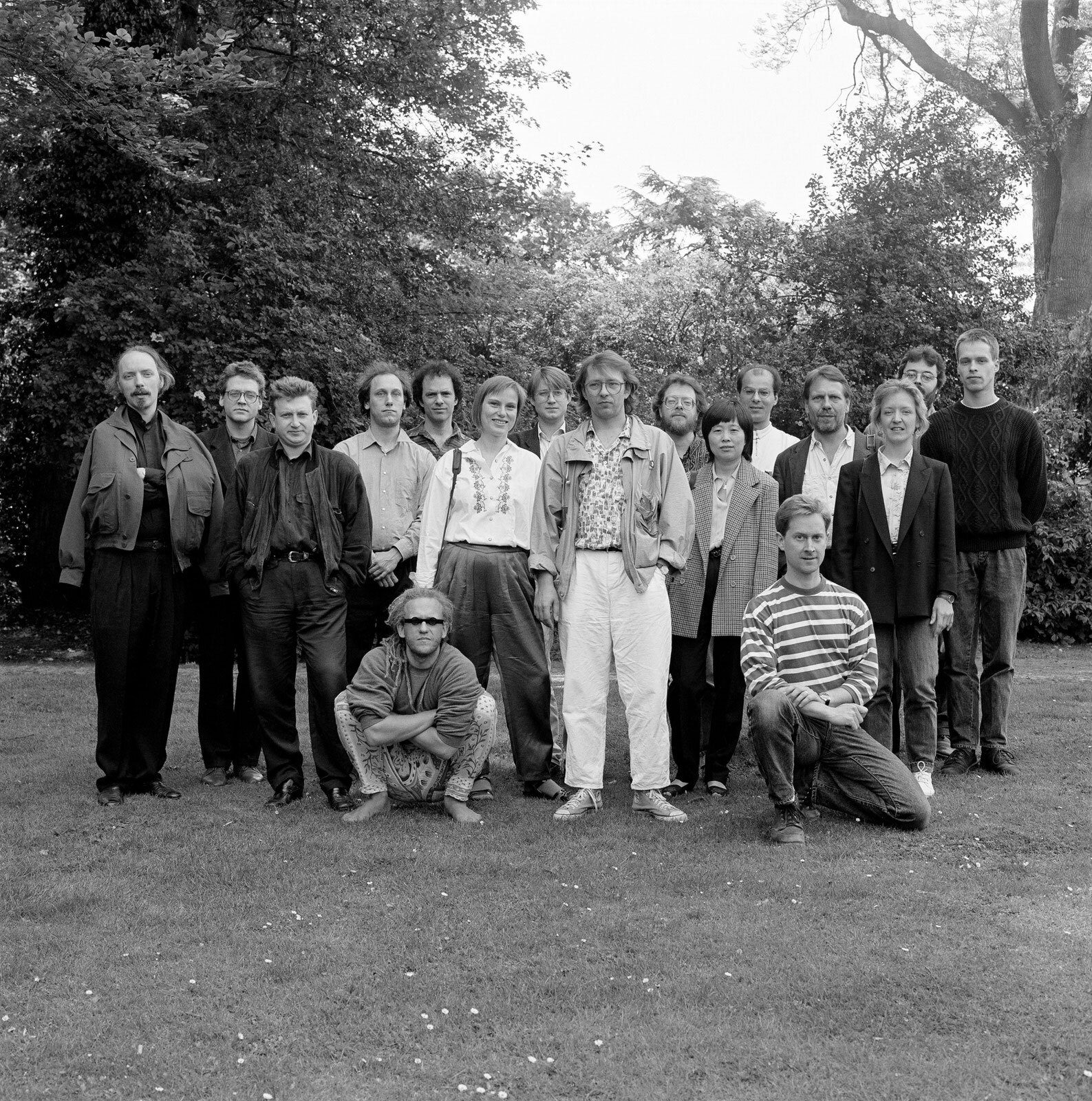 People in nature, Trousers, Tree, Plant, Standing, Black-and-white, Style