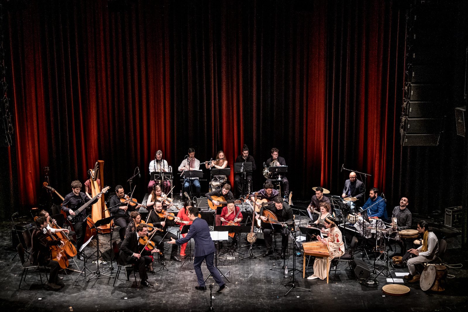 Musical instrument accessory, Band plays, Theater curtain, Classical music, Performing arts, Musician, Drum, Entertainment