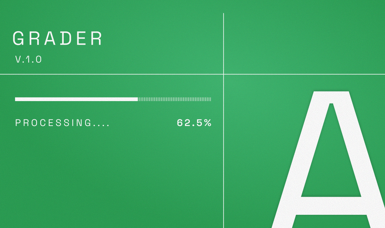 GRADER V1.0 loading screen on a green background. Processing at 62.5%, with a large 'A' on the right.