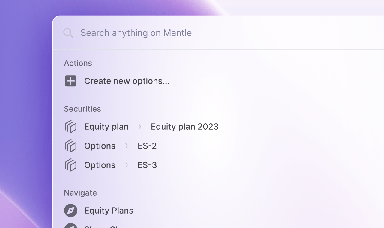 A UI dialog with a search bar, "Create new options", "Equity plan", "Options", and "Equity Plans" navigation.