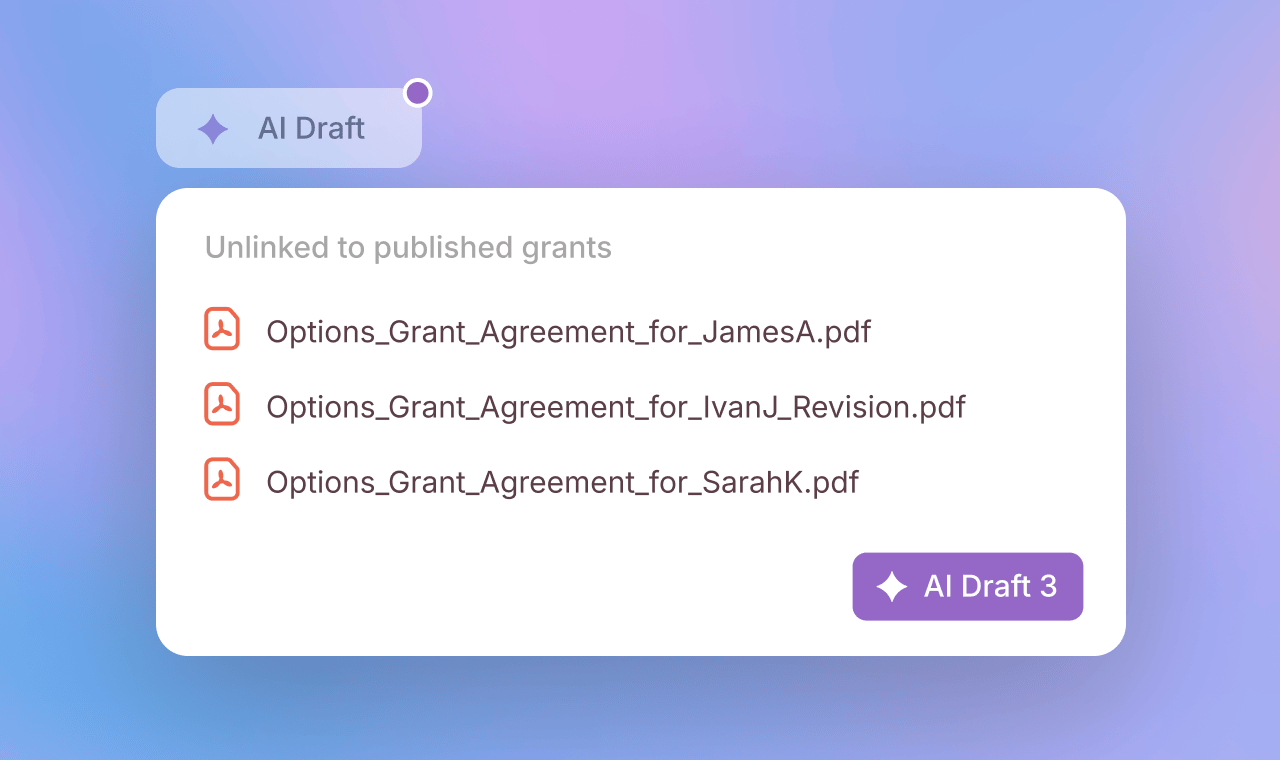 UI card displaying unlinked PDF grants (3 files) with "AI Draft" buttons.