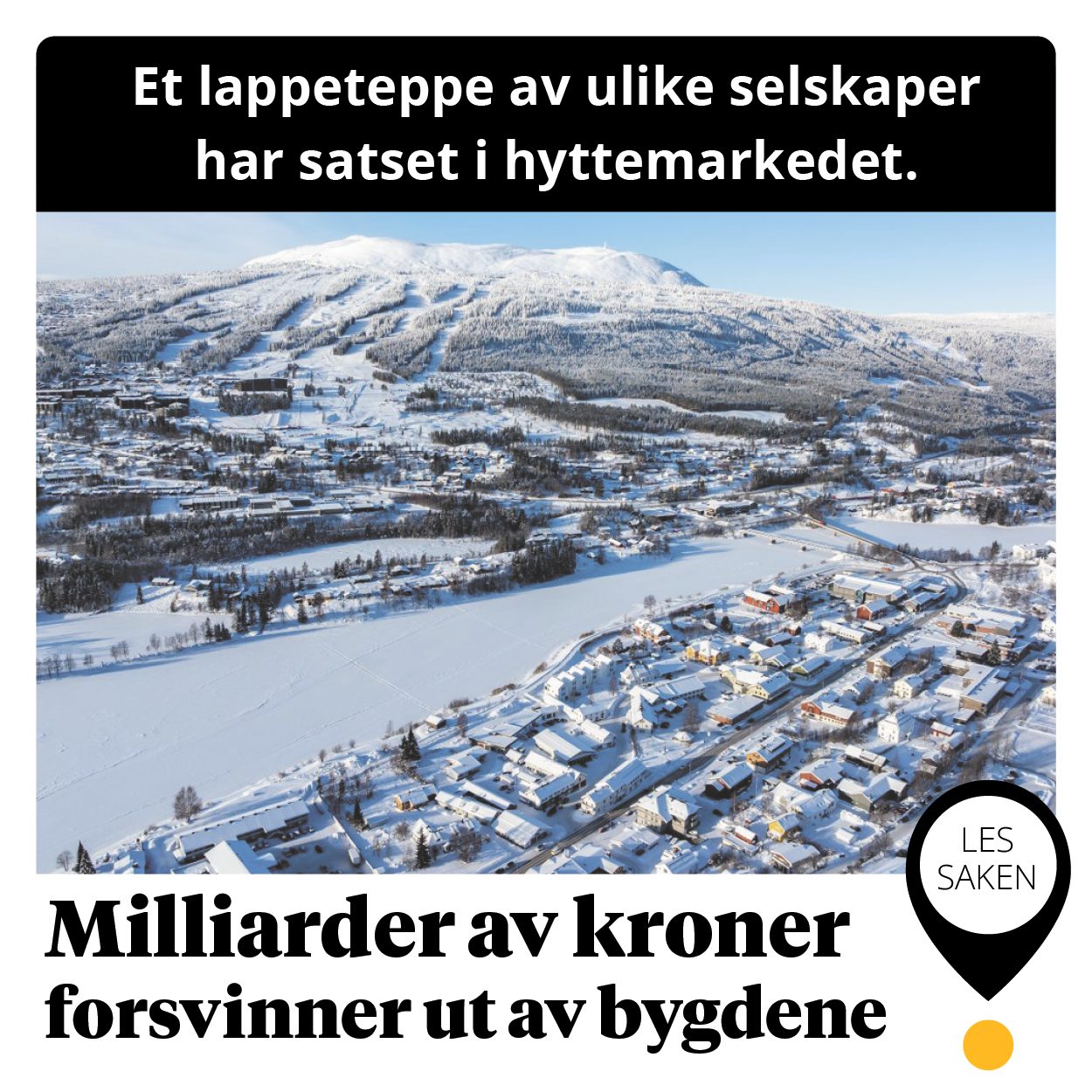 Aerial view of a snow-covered village by a frozen river and mountains, illustrating cabin market investments.