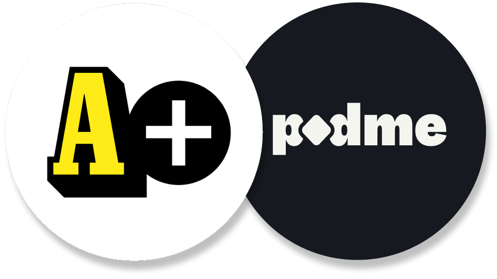 Two overlapping logos: white A+ (yellow A, white plus on black) and dark podme (white, diamond 'o').