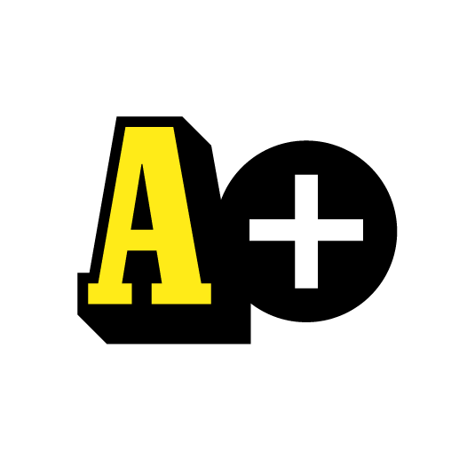 Yellow 'A' with black shadow, and white '+' in black circle, all within a white circle.