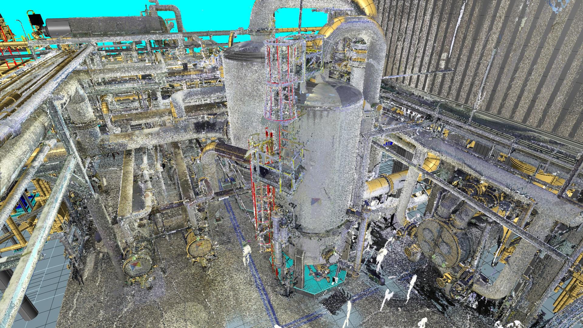 3D point cloud model of an industrial plant with pipes, tanks, and CAD overlays.