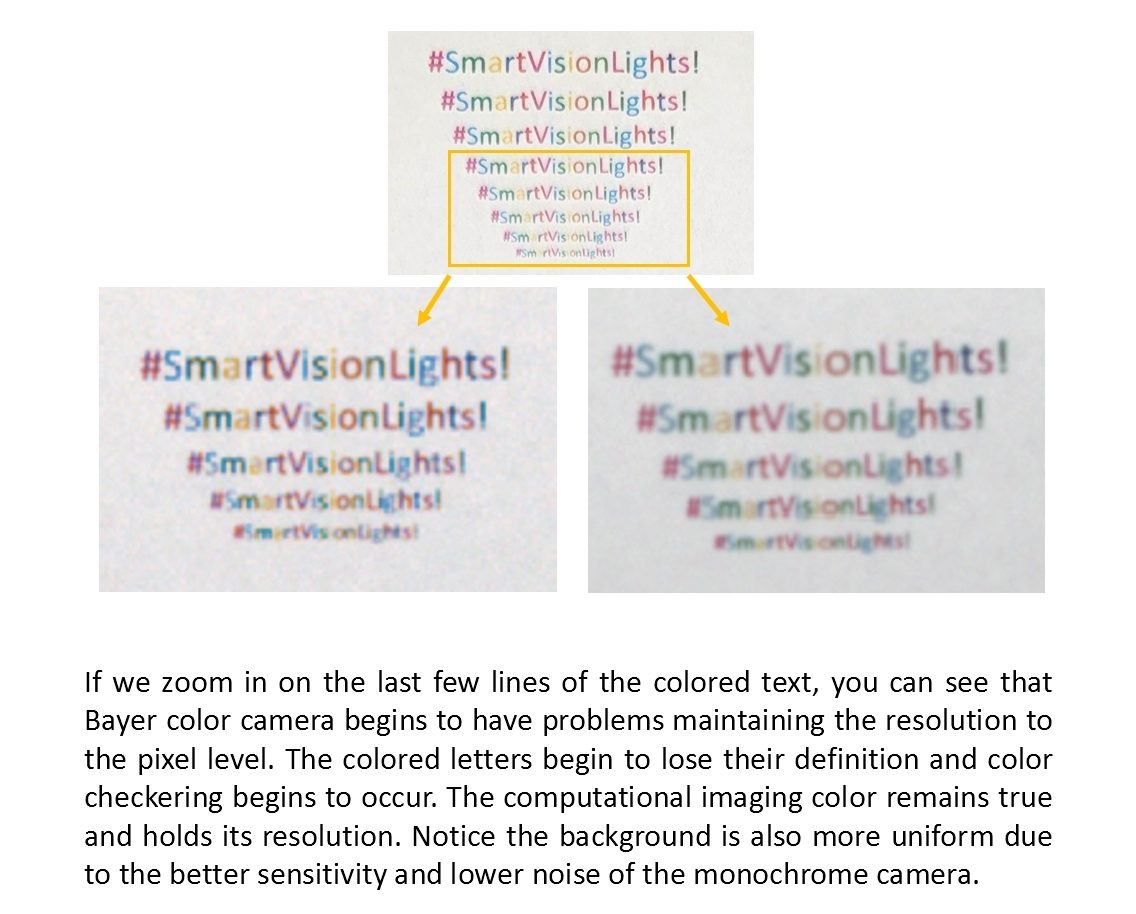 Zooming in on the last few lines of the colored text reveals the color camera&#x2019;s resolution degradation at the pixel level with lost definition and color checkering