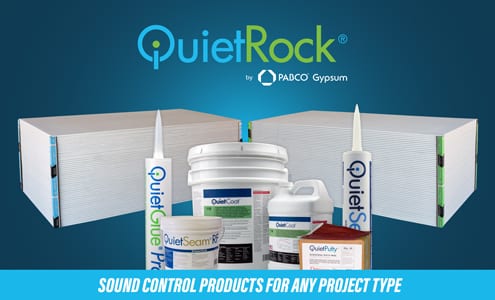 QuietRock sound control products: drywall panels, glues, and sealants.