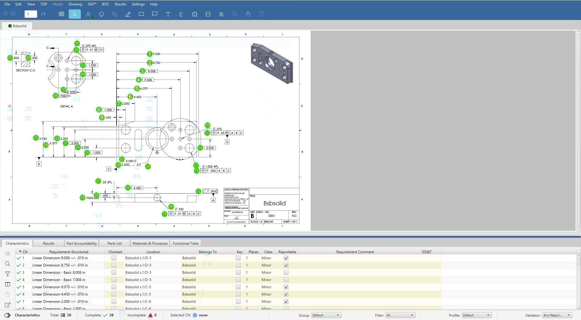 Engineering drawing of a mechanical part with dimensions, GD&T, and characteristics table.