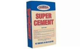 A blue and beige bag of Omega Super Cement with red text.