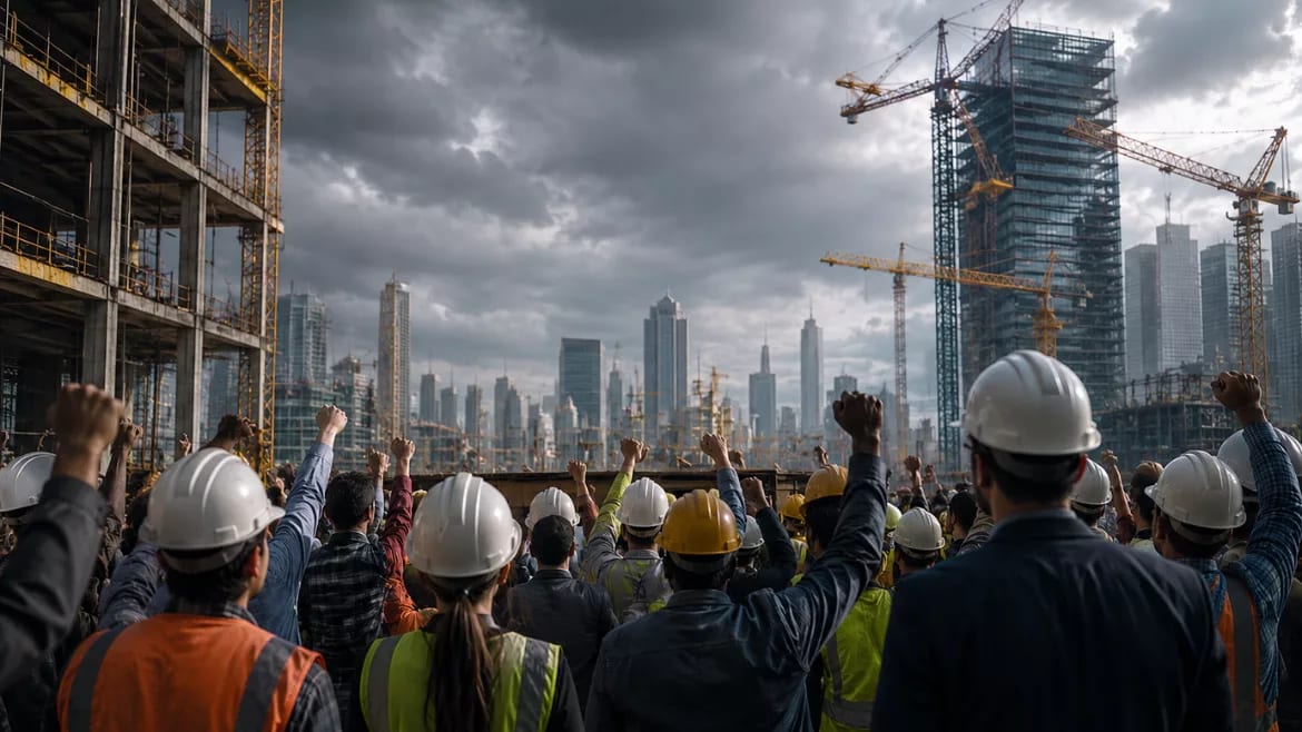 A crowd of construction workers with raised fists in hard hats, against a backdrop of city skyscrapers and cranes.