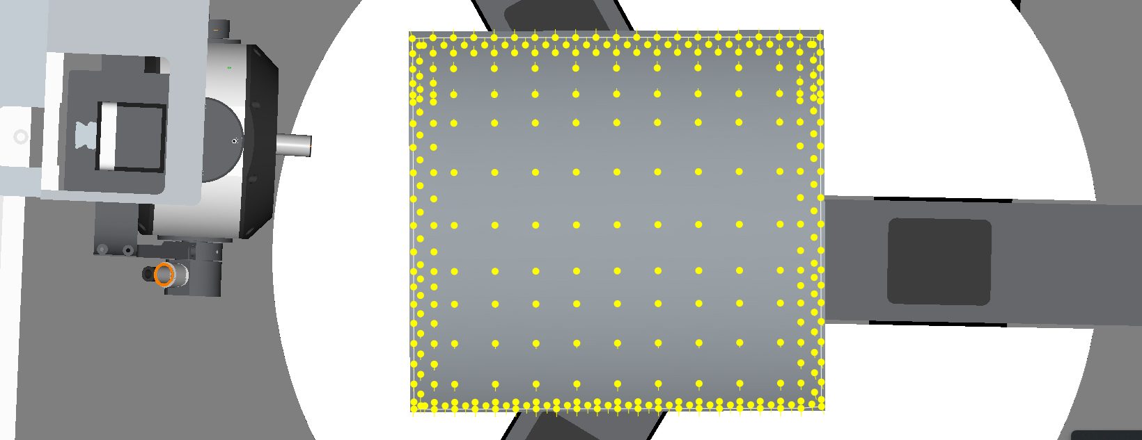 CAD rendering of mechanical components flanking a gray surface with a yellow dot grid.