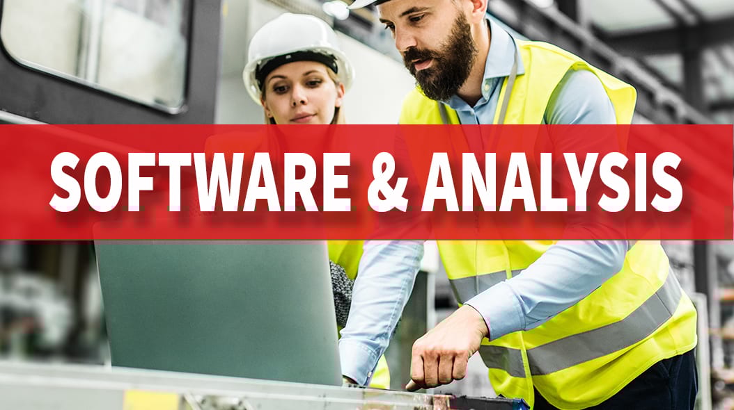 Engineers in hard hats and vests analyzing data on a laptop, with 'Software & Analysis' banner.