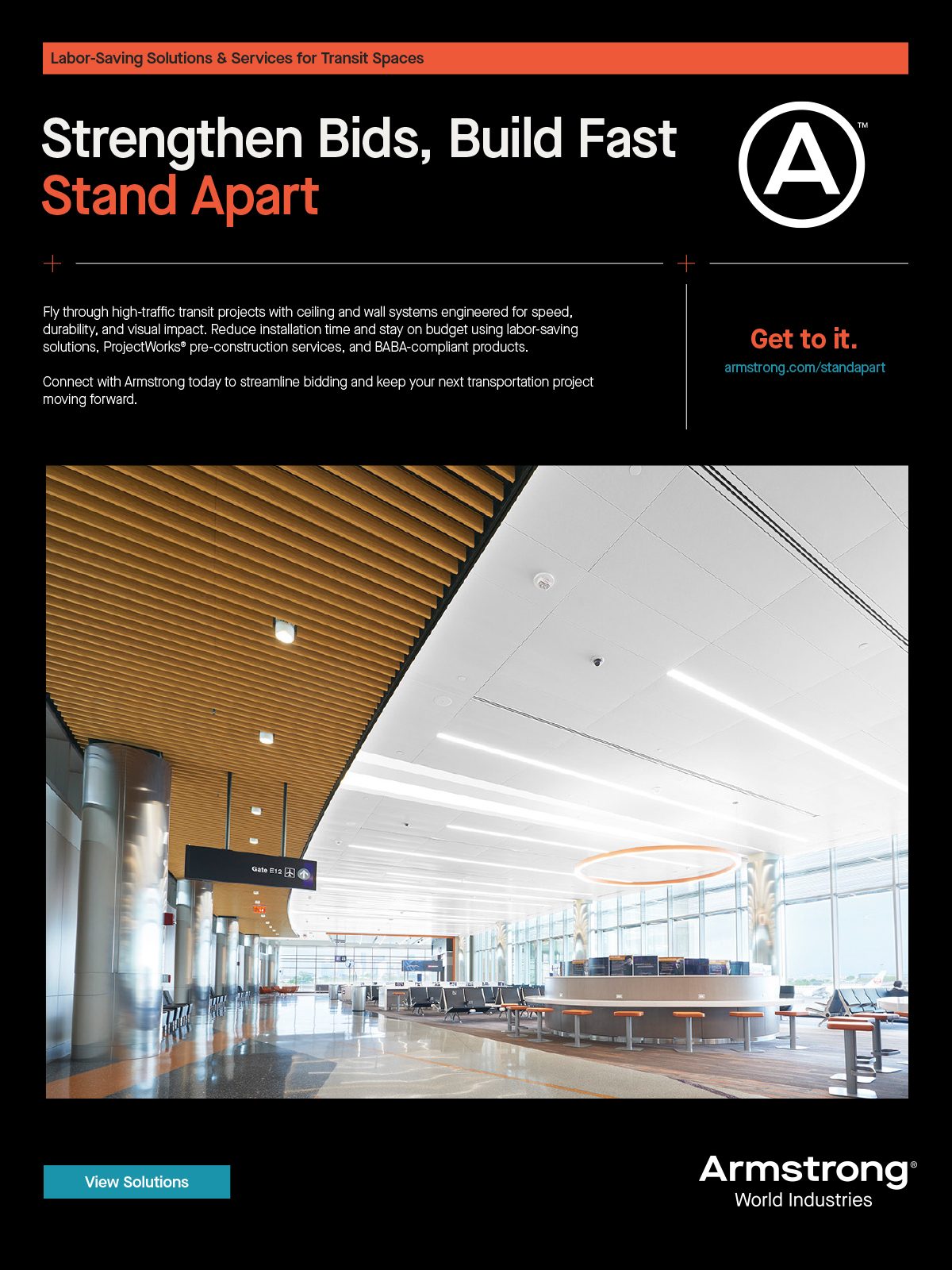An ad for Armstrong’s labor-saving ceiling and wall systems in a modern transit terminal, highlighting efficient project bidding and construction.