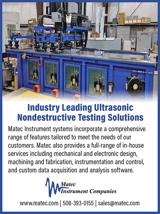 Industrial ultrasonic nondestructive testing machine by Matec Instrument in a factory setting.