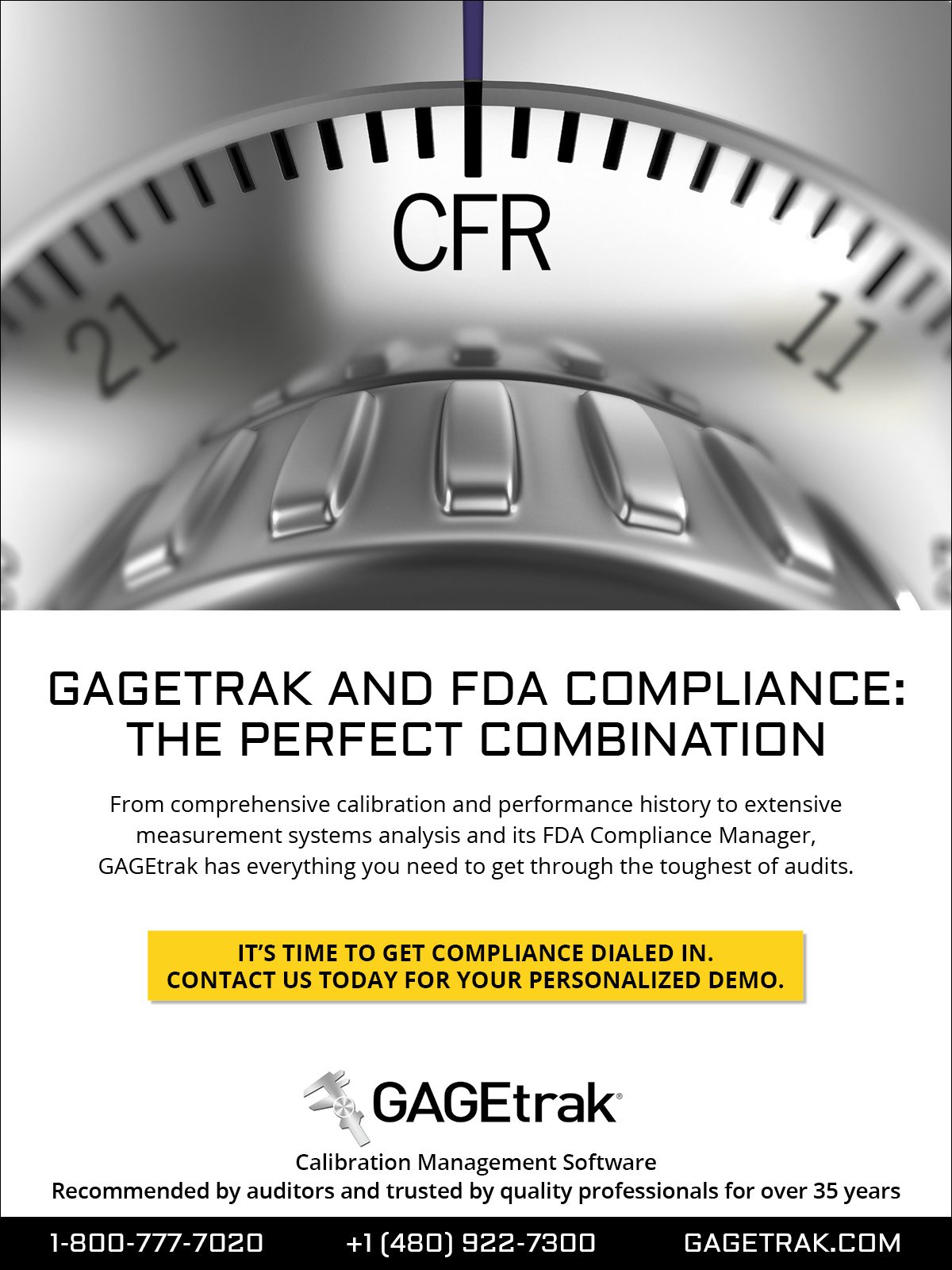 Advertisement for GAGEtrak calibration software, featuring a safe dial and text about FDA compliance.