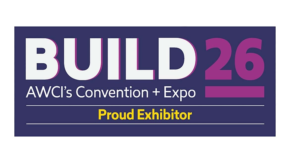 Logo for BUILD 26, AWCI's Convention + Expo, announcing "Proud Exhibitor" on a purple background.