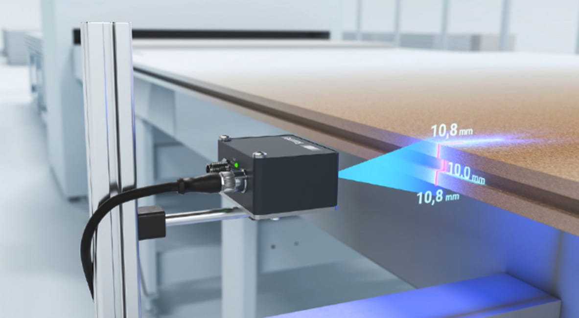 Laser sensor measures the thickness of a material panel, displaying "10.0 mm" and "10.8 mm" values.