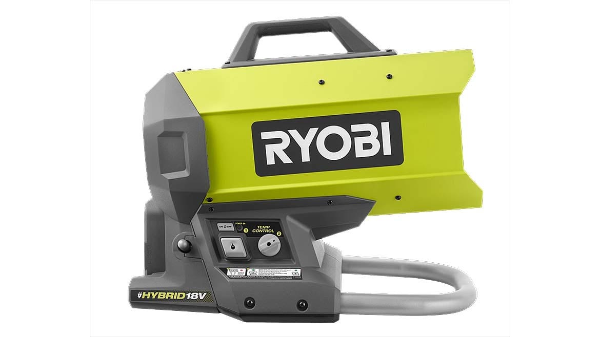 Lime green and gray Ryobi Hybrid 18V portable heater.