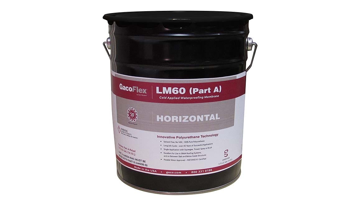 Black bucket of GacoFlex LM60 (Part A) HORIZONTAL Cold Applied Waterproofing Membrane.