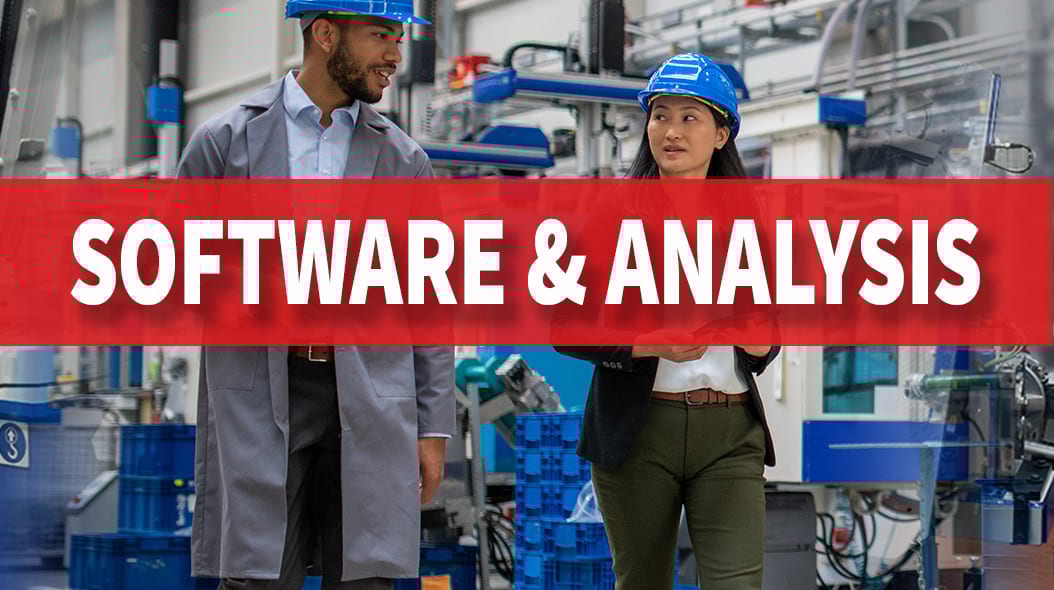 Engineers in a factory with a red banner overlay stating "SOFTWARE & ANALYSIS".