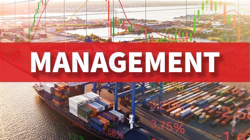 Cargo ship at port with containers, stock charts, and "MANAGEMENT" in a red banner.
