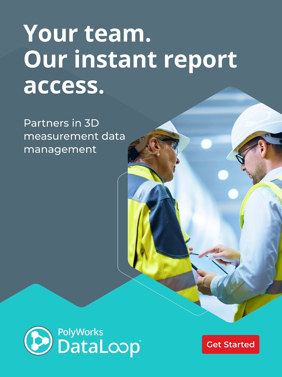 Two safety-vested workers use tablet. Text: "Instant report access" and "3D data management."