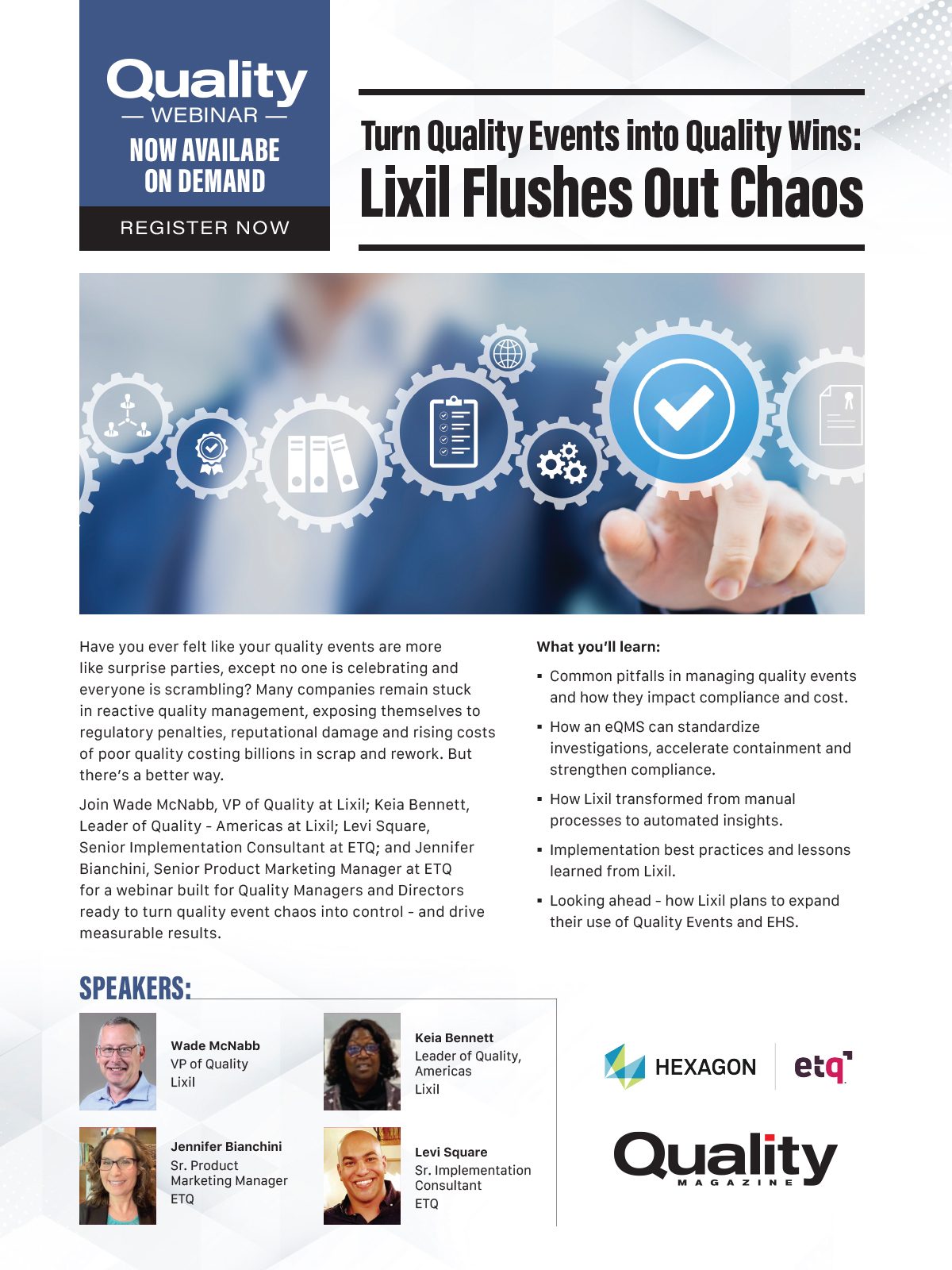 Webinar ad: "Turn Quality Events into Quality Wins: Lixil Flushes Out Chaos." Speakers, agenda.