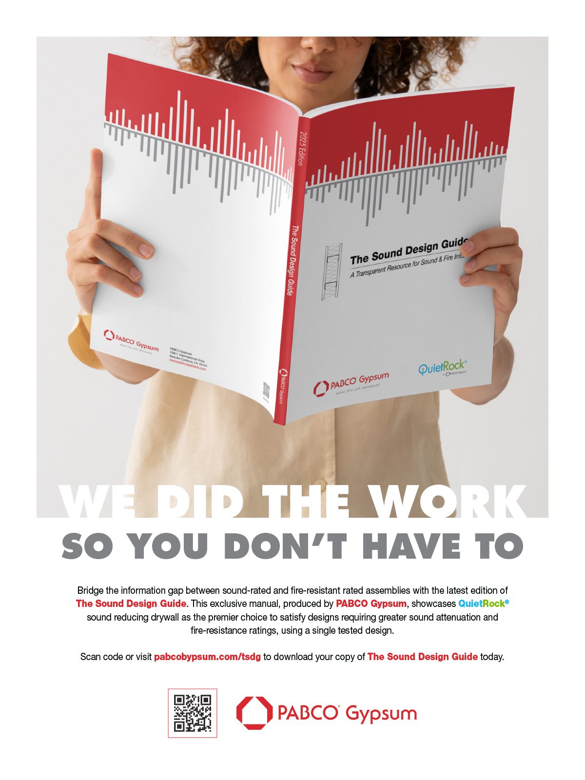 A person holds 'The Sound Design Guide' by PABCO Gypsum, promoting sound-rated and fire-resistant assemblies.